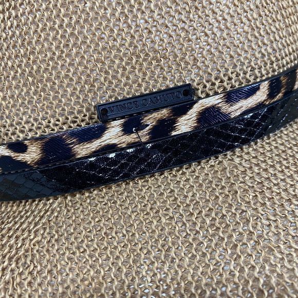 Vince Camuto Sun Hat Straw Floppy Hat Tan Black Cheetah Print Band Adjustable - Picture 5 of 6